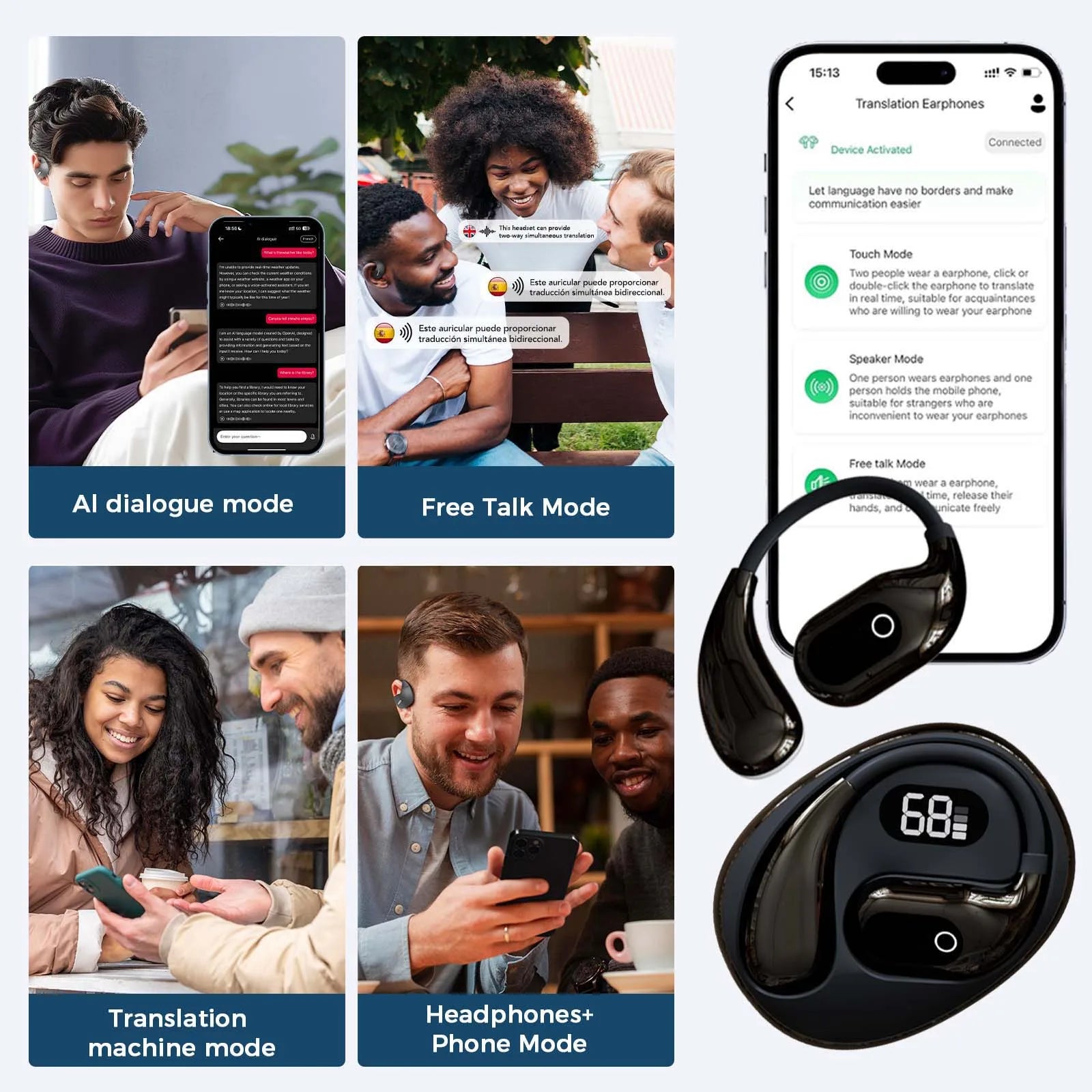 AI Translator Earbuds, Bluetooth Earphones, Languages Translation for Travel/Business/Learning, Real-Time 2-Way, iOS/Android