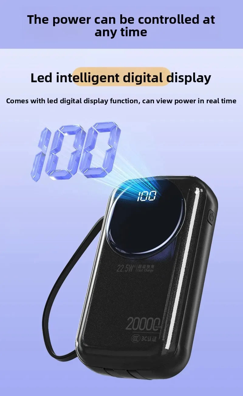2025 New CCC Certified Power Bank – 22.5W Super Fast Charging with Built-in Cables 20000mAh Charger Customizable R37C