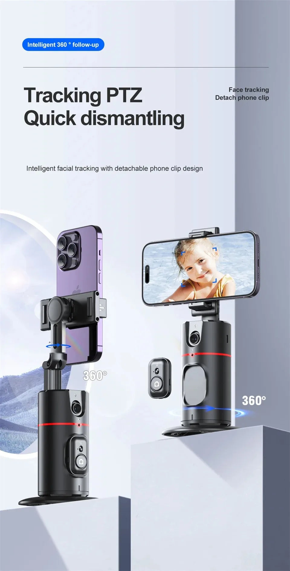 Auto Face Tracking Tripod 360°Rotation,No App, Gesture Recognition Phone Camera Mount Smart Shooting Phone Holder for Live Video