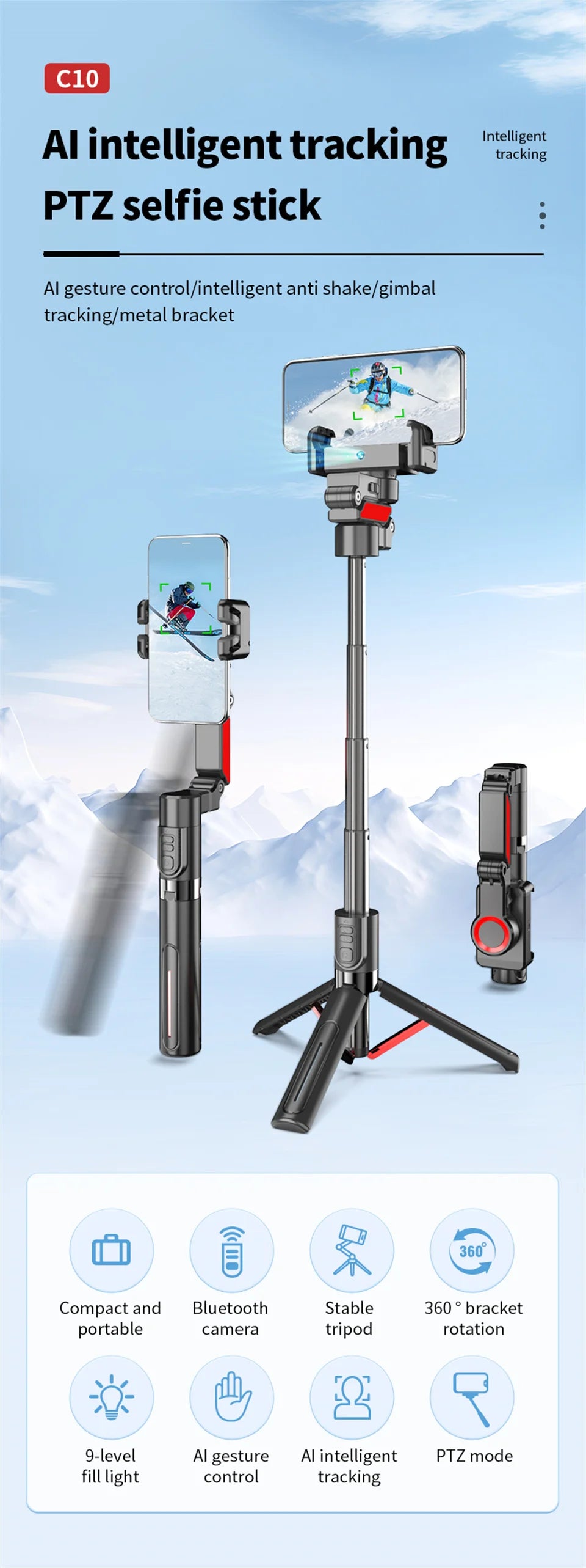 AI face tracking Stabilizer 360 Auto Rotation Follow Gimbal Remote Selfie stick tripod for iPhone Android phone holder