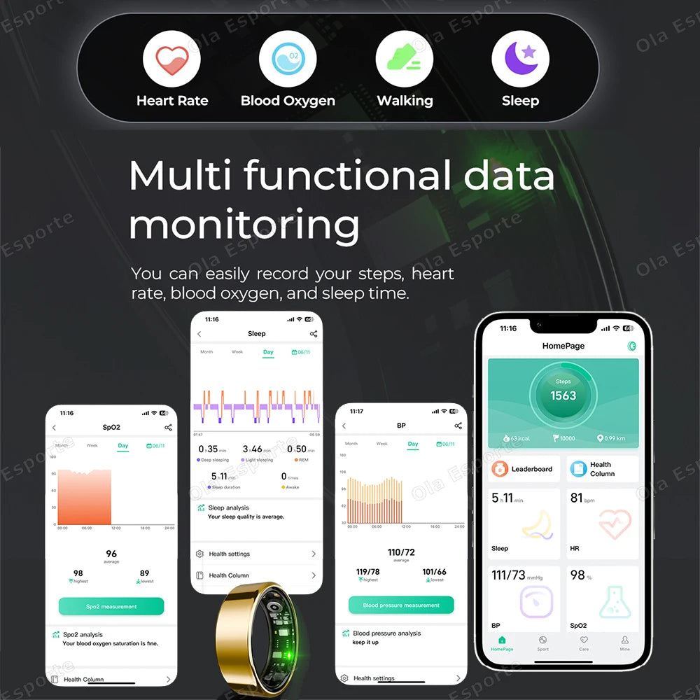2025 Smart Ring Blood Pressure Heart Rate Sleep Monitoring Smartring IP68 &amp; 5ATM Waterproof Multi-sport Mode Smartring Man Women
