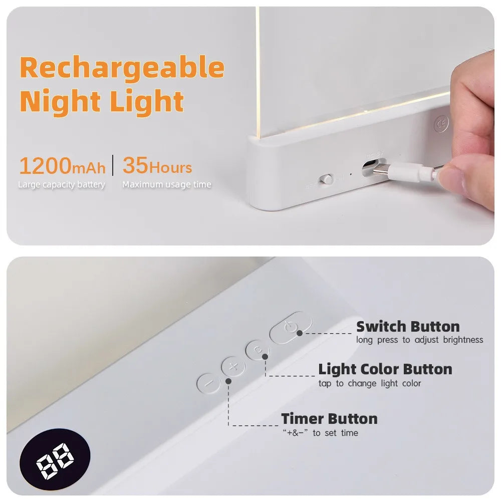 Smart Led Reading Light, Book Lights at Night, Rechargeable Clear Flat Reading Lights with 3 Colors &amp; Timer, Eye-Friendly Glow