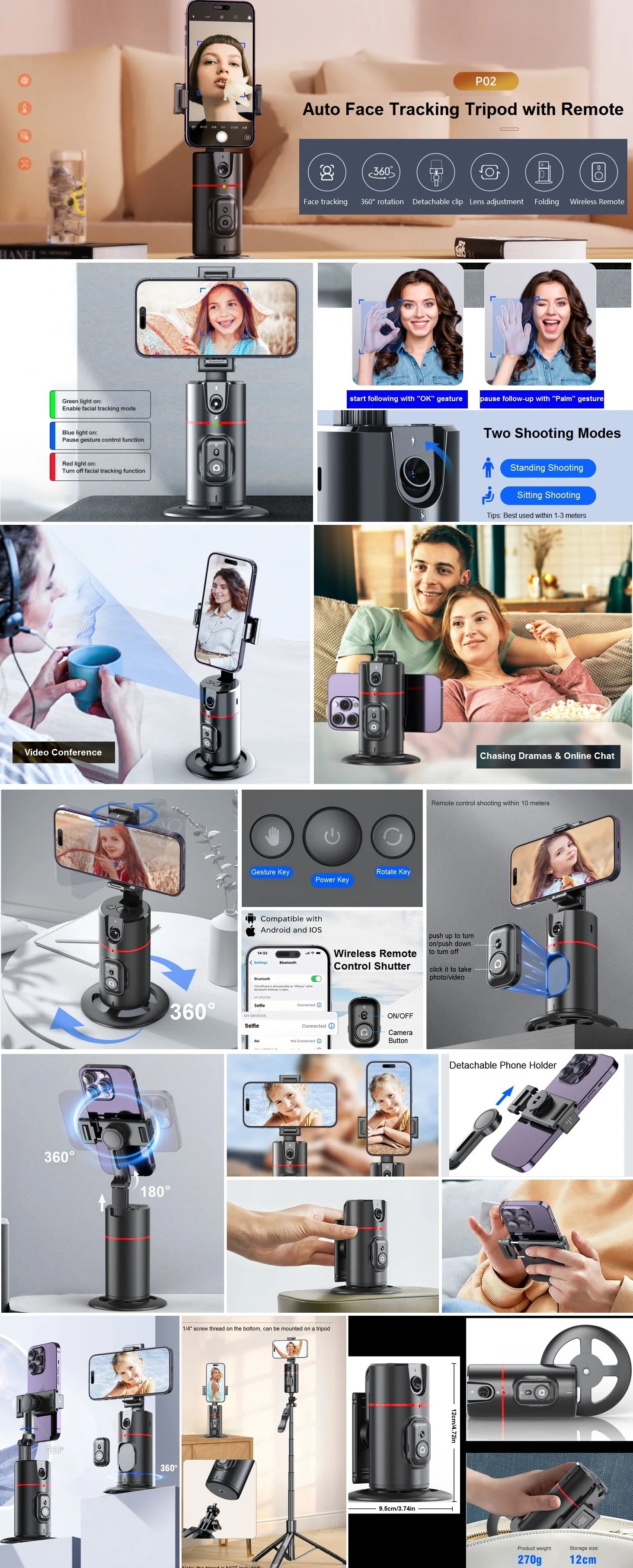 Auto Face Tracking Tripod 360° Rotation, Smart Auto Tracking Phone Holder Motion Sensor Tripod Stand Content Creator Essentials