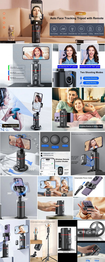 Auto Face Tracking Tripod 360° Rotation, Smart Auto Tracking Phone Holder Motion Sensor Tripod Stand Content Creator Essentials