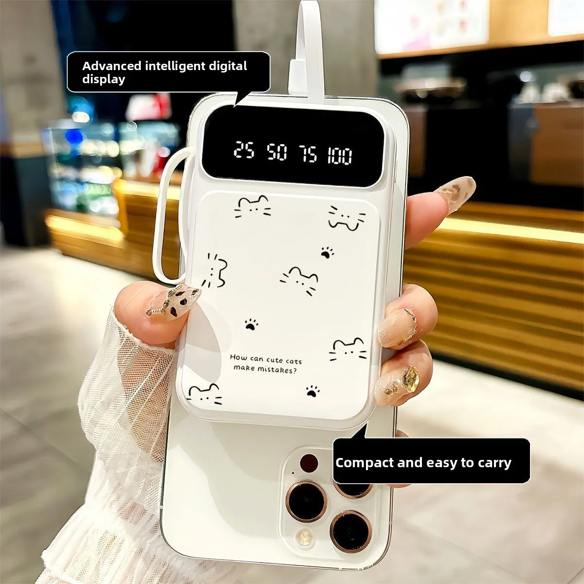 20000mAh Fast-charging Portable Power Bank with Minimalist Design, Featuring A Cat-shaped Design and A Built-in Cable