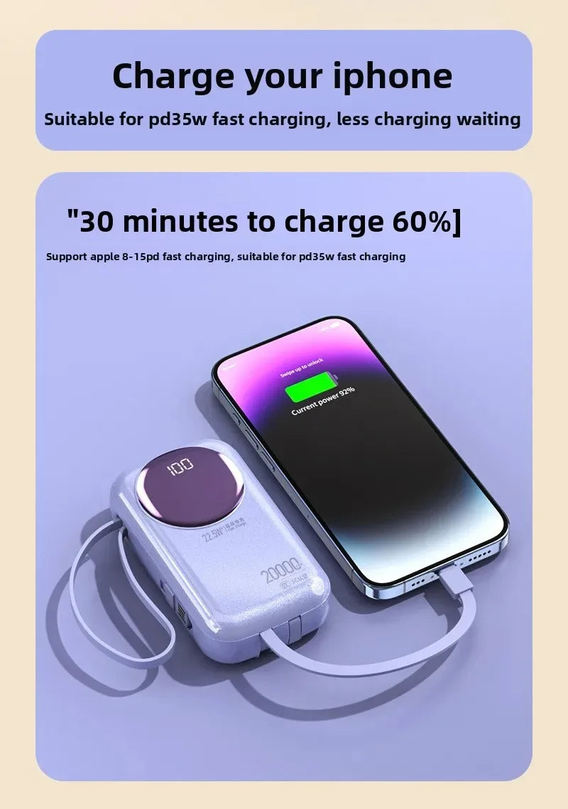 2025 New CCC Certified Power Bank – 22.5W Super Fast Charging with Built-in Cables 20000mAh  Charger Customizable R37C