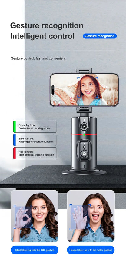 Auto Face Tracking Tripod 360°Rotation,No App, Gesture Recognition Phone Camera Mount Smart Shooting Phone Holder for Live Video