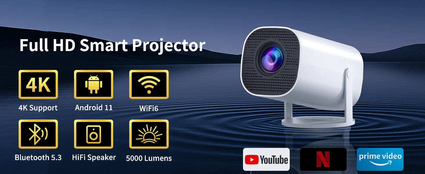 Mini Projector with WiFi &amp; Bluetooth, 4K Support, Android System, Portable for Home Theater, Business, Gaming