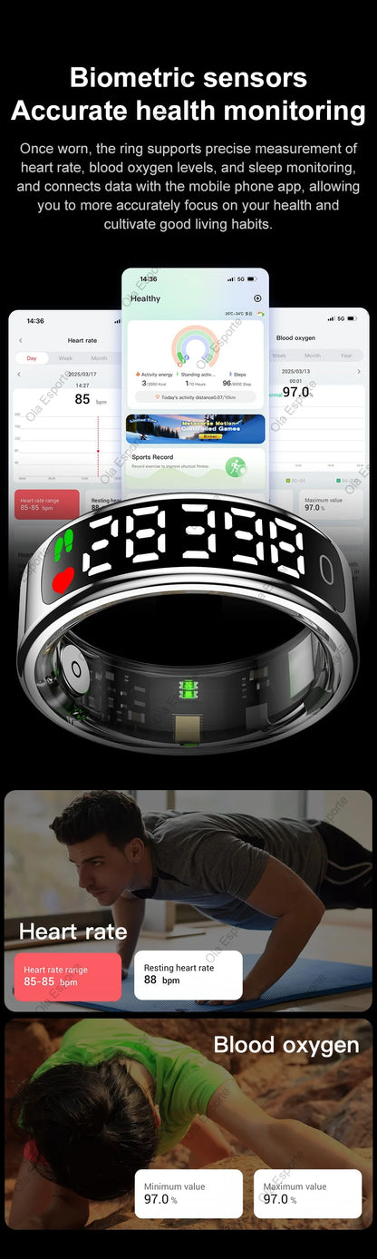Smart Ring with Charging Case for Men Women, Display Screen, Health Monitor, 5ATM Waterproof,Multiple Sport Mode For Android IOS