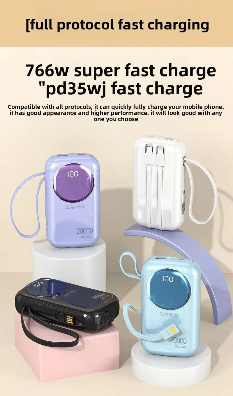 2025 New CCC Certified Power Bank – 22.5W Super Fast Charging with Built-in Cables 20000mAh  Charger Customizable R37C