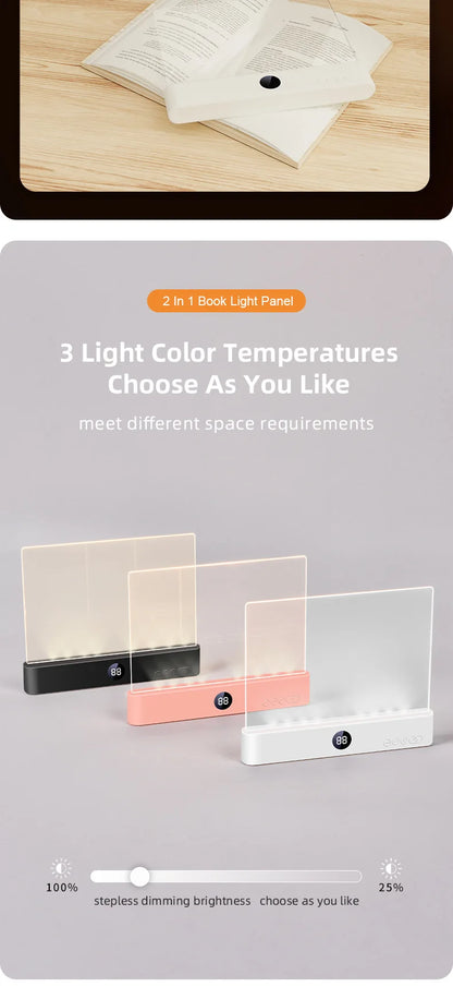 Smart Led Reading Light, Book Lights at Night, Rechargeable Clear Flat Reading Lights with 3 Colors &amp; Timer, Eye-Friendly Glow
