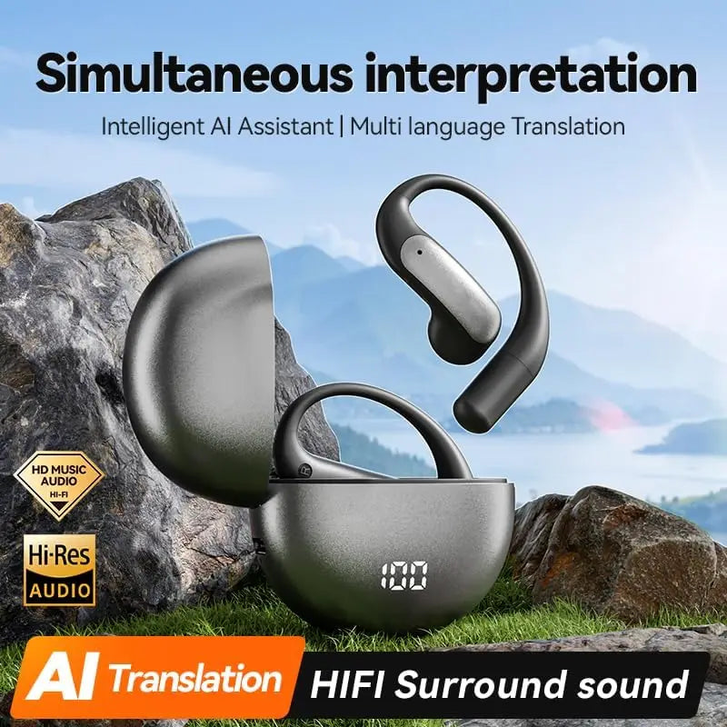 AI Translation Earbuds, Bluetooth 5.3 Wireless Earphones with Real Time Translation, Sport Ear Hook Headphones with Hi-Res Audio
