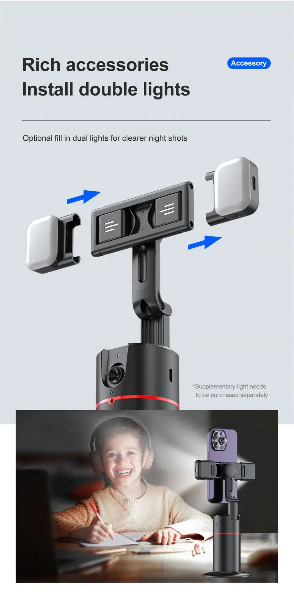 Auto Face Tracking Tripod 360°Rotation,No App, Gesture Recognition Phone Camera Mount Smart Shooting Phone Holder for Live Video