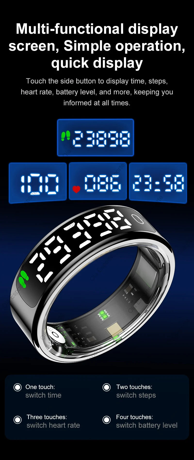 Smart Ring with Charging Case for Men Women, Display Screen, Health Monitor, 5ATM Waterproof,Multiple Sport Mode For Android IOS