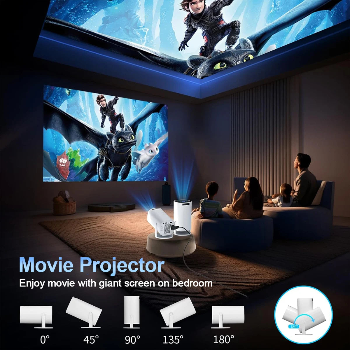 Mini Projector with WiFi &amp; Bluetooth, 4K Support, Android System, Portable for Home Theater, Business, Gaming
